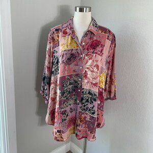Cynthia Rowley Womens Plus 1X Floral Patchwork Button Up Shirt 3/4 Sleeve Top